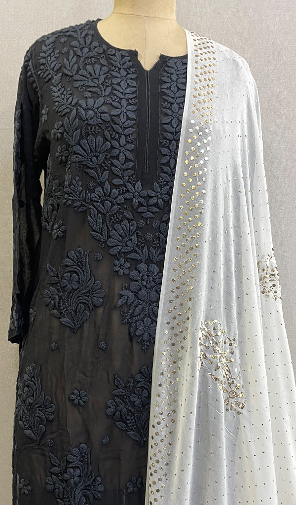 Women's Lucknowi Handcrafted Pure Silk Georgette Chikankari Dupatta - HONC0217803