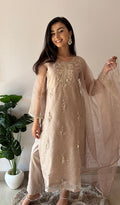 Marifa Women's Lucknowi Handcrafted Pure Organza Silk Stitched Chikankari Kurta, Dupatta With Pant Set- HONC0368443