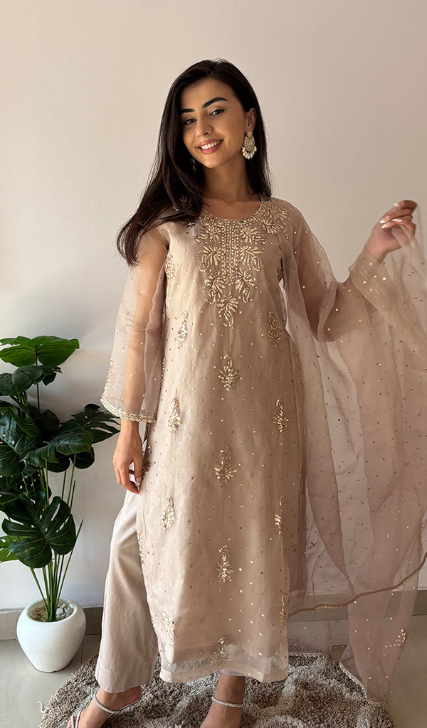 Marifa Women's Lucknowi Handcrafted Pure Organza Silk Stitched Chikankari Kurta, Dupatta With Pant Set- HONC0368443