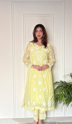 Ira Women's Lucknowi Handcrafted Mul Chanderi Stitched Chikankari Kurta And Plazzo Set .