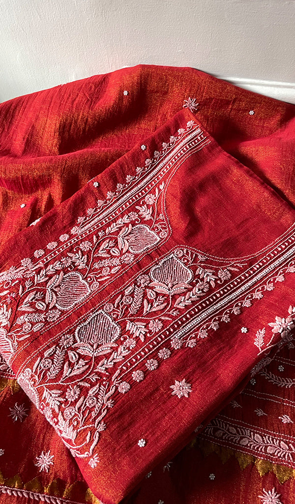 Women's Lakhnavi Handcrafted Tissue Chanderi Unstitched Kurta And Dupatta Set - HONC0299540