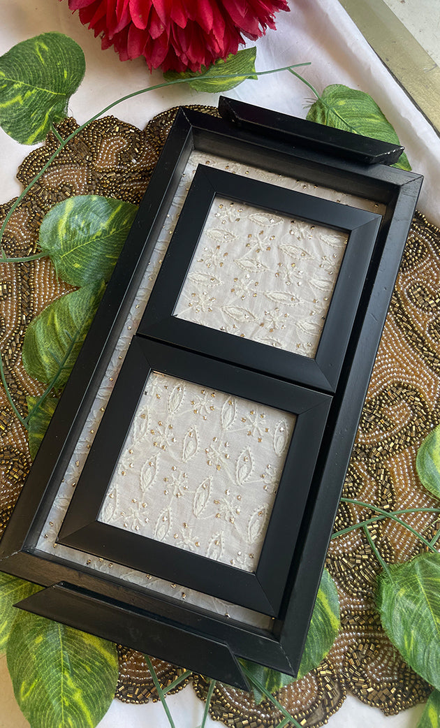 Handcrafted Chikankari Tray with Two Coasters – Wooden Frame - HONC0313531