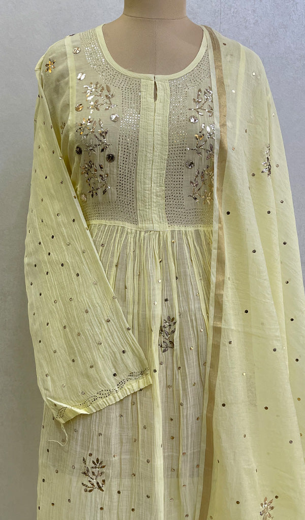 Women's Lakhnavi Handcrafted Mul Chanderi Chikankari Semi Stitched Kurta And Dupatta Set- HONC0141659