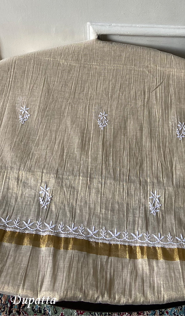 Women's Lakhnavi Handcrafted Tissue Chanderi Unstitched Chikankari Kurta And Dupatta Set - HONC0324413