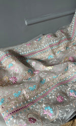 Load image into Gallery viewer, Women&#39;s Lakhnavi Handcrafted Pure Organza Chikankari Unstitched Kurta And Dupatta Set- HONC0304407
