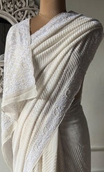 Load image into Gallery viewer, Women&#39;s Lakhnavi Handcrafted Pure Silk Georgette Chikankari Saree - HONC0313293
