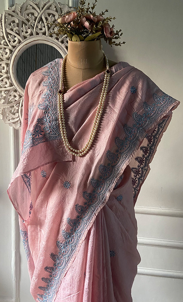 Women's Lakhnavi Handcrafted Tussar Silk Chikankari Saree - HONC0289386