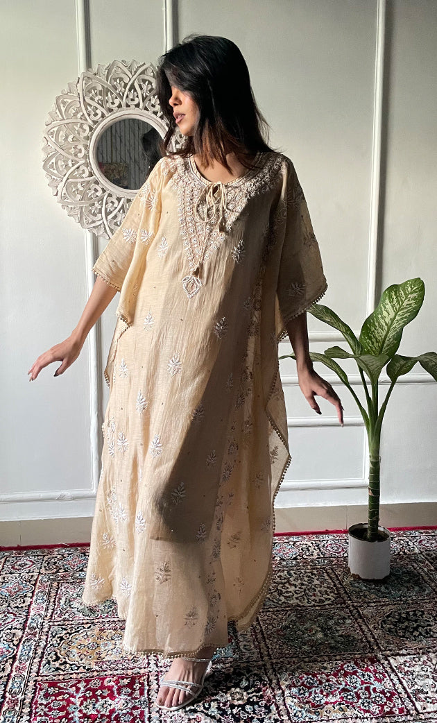 Women's Lucknowi Handcrafted Mul chanderi Chikankari Kaftan - HONC0318263