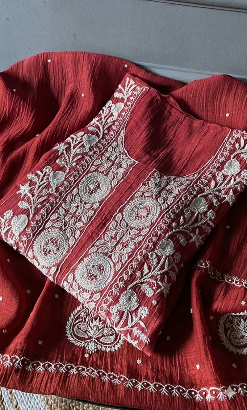 Tripty Women's Lakhnavi Handcrafted Mul Chanderi Semi - Stitched Anarkali And Dupatta Set - HONC0199664