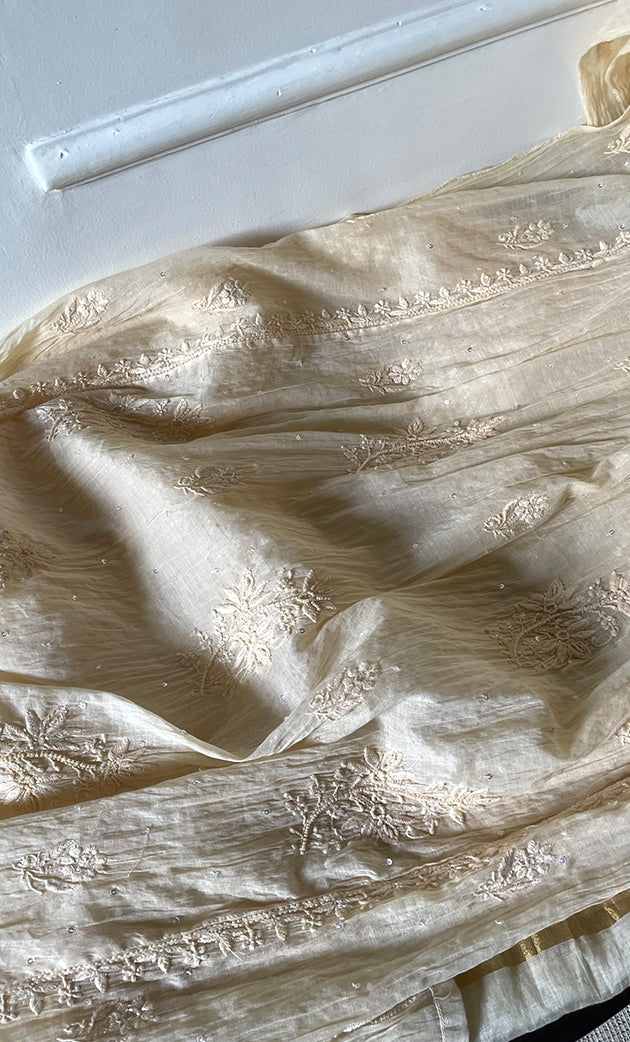 Women's Lakhnavi Handcrafted Mul Chanderi Semi - stitched Chikankari Full Suit Material - HONC0319556