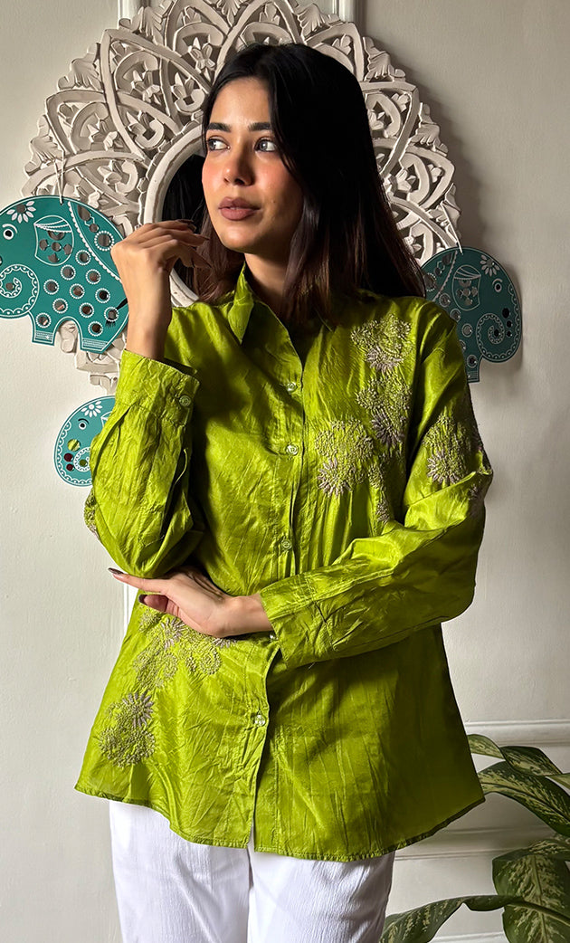 Arohi Women's Lakhnavi Handcrafted Pure Manglore silk Shirt with fine Chikankari - HONC0306909
