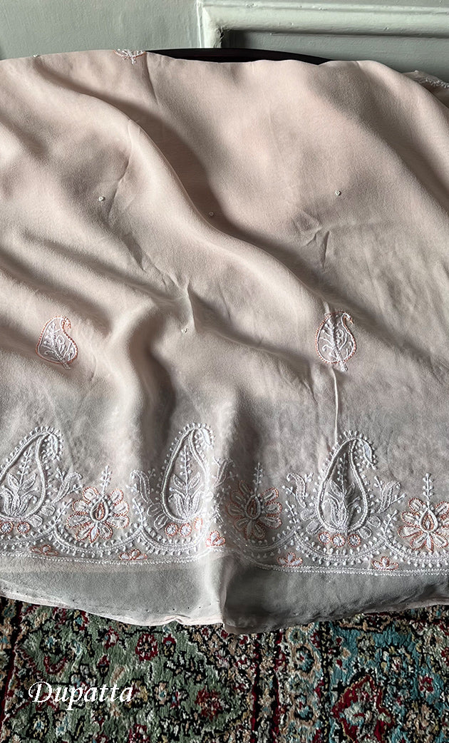 Women's Lakhnavi Handcrafted Pure Silk Georgette Unstitched Chikankari Anarkali And Dupatta Set- HONC0258457