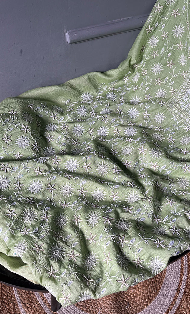 Women's Lakhnavi Handcrafted Munga Silk Chikankari Kurta And Dupatta Set- HONC0278122