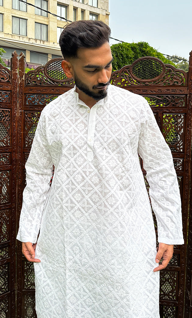 Men's Lucknowi Handcrafted Cotton Chikankari Kurta - HONC0283972