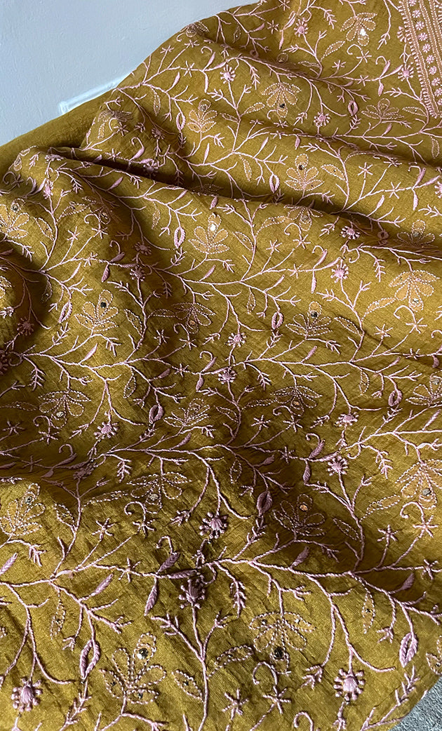 Women's Lakhnavi Handcrafted Tissue Chanderi Unstitched Kurta And Dupatta Set - HONC0281013