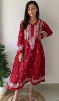 Fariah Women's Lucknowi Handcrafted Mul Chanderi Chikankari Kurti - HONC04497617