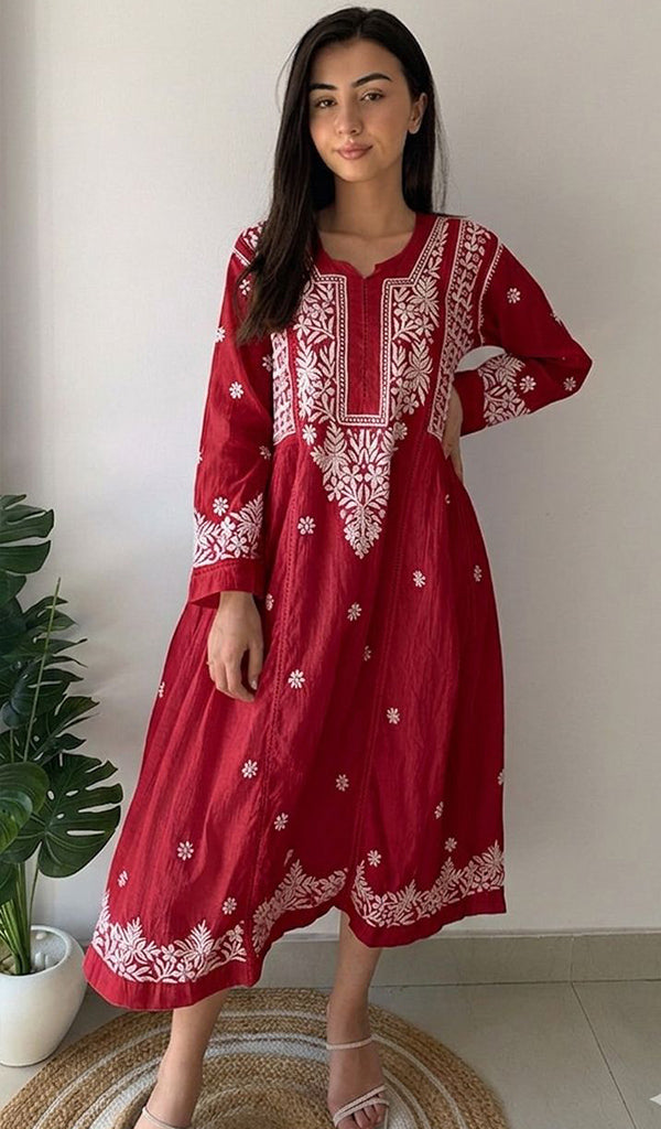 Fariah Women's Lucknowi Handcrafted Mul Chanderi Chikankari Kurti - HONC04497617