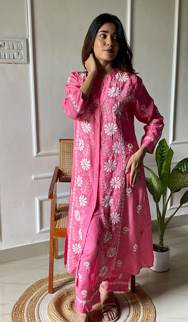 Women's Lakhnavi Handcrafted Cotton Chikankari Kurta And Palazzo Set - HONC0289195
