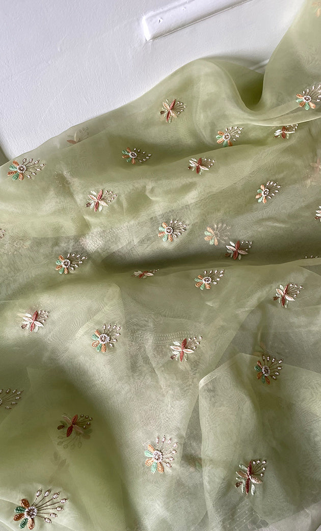 Women's Lakhnavi Handcrafted Pure Organza Chikankari Unstitched Kurta And Dupatta Set- HONC0237139