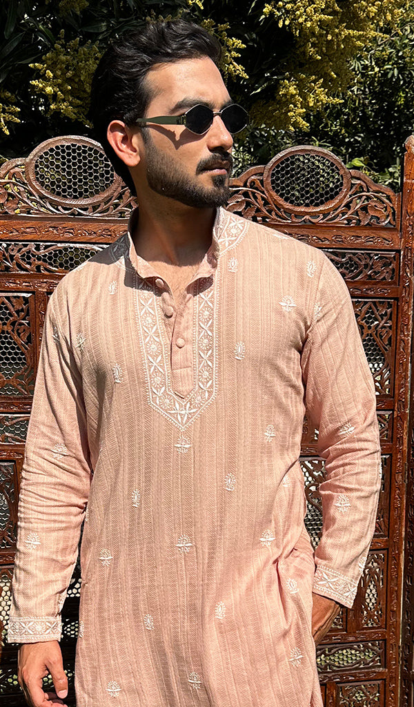 Men's Lucknowi Handcrafted Cotton Chikankari Kurta - HONC0335263