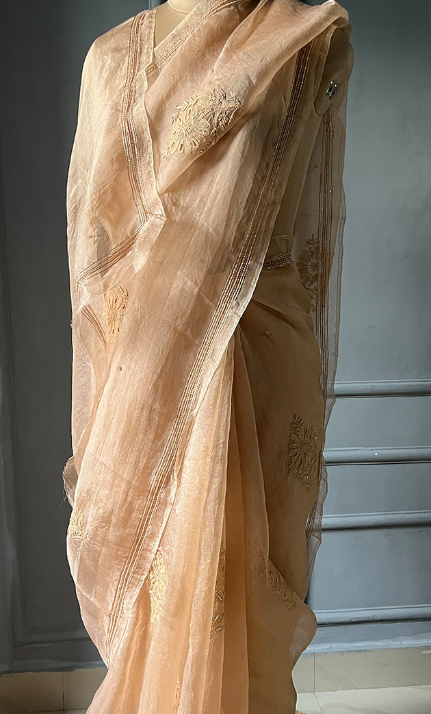Women's Lucknowi Handcrafted Pure Organza Silk Chikankari Saree - HONC0269567