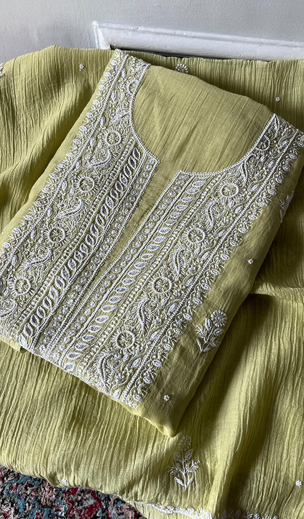 Women's Lakhnavi Handcrafted Mul Chanderi UnStitched Kurta And Dupatta Set - HONC0374449