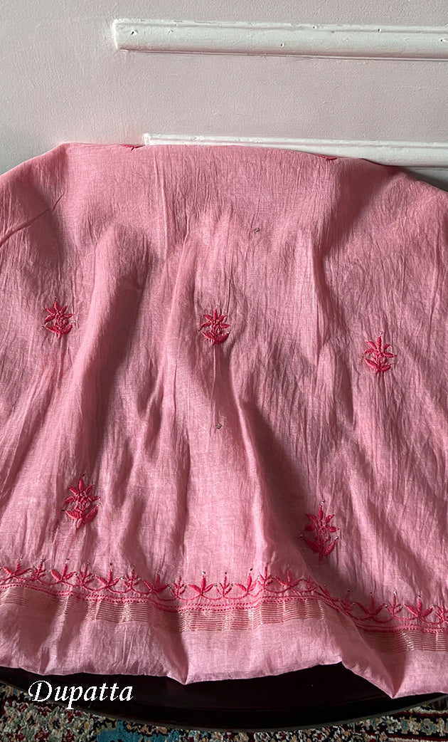 Women's Lakhnavi Handcrafted Mul Chanderi Unstitched Chikankari Full Suit Material - HONC0324503