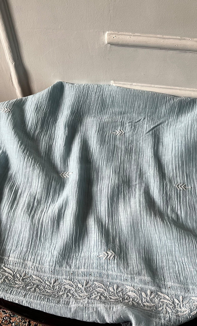 Women's Lakhnavi Handcrafted Mul Chanderi Semi - stitched Chikankari Full Suit Material - HONC0333495