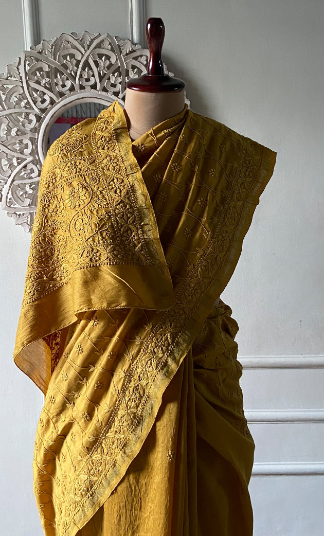 Women's Lakhnavi Handcrafted Chanderi Silk Chikankari Saree - HONC0340414