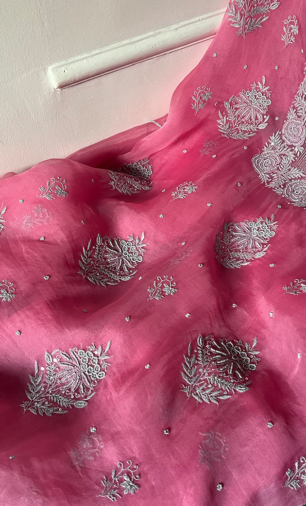 Gulaab Women's Lakhnavi Handcrafted Pure Organza Chikankari Unstitched Kurta And Dupatta Set- HONC0311846