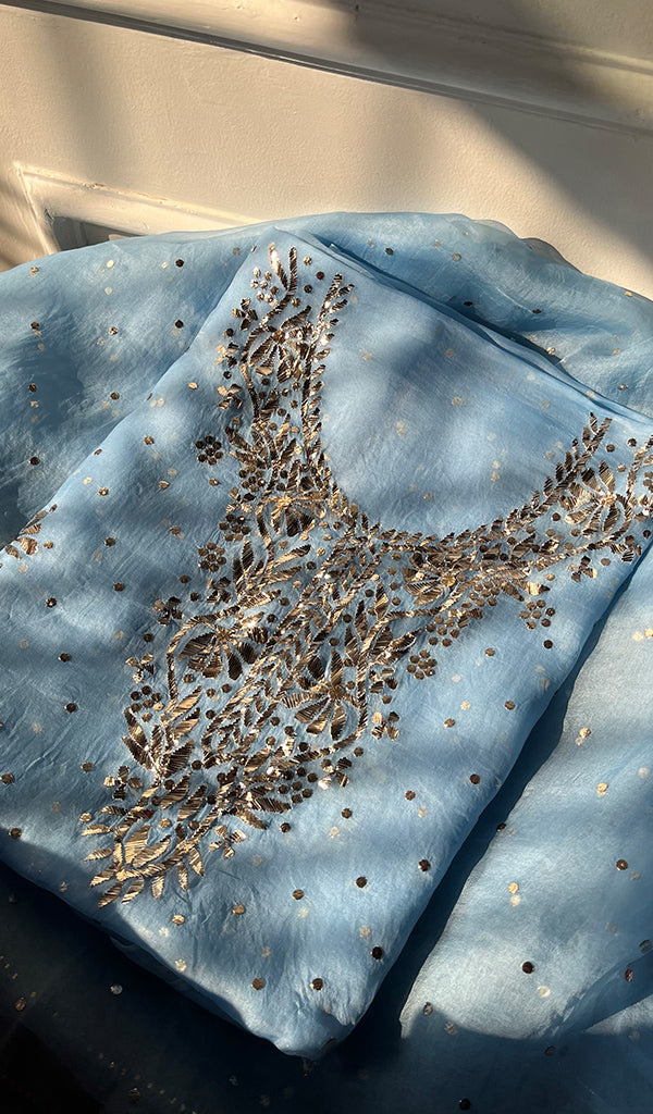 Marifa Women's Lakhnavi Handcrafted Pure Organza Chikankari Unstitched Kurta And Dupatta Set- HONC0301642