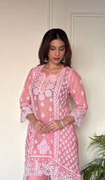 Women's Lucknowi Handcrafted Mul Chanderi Stitched Chikankari Short Kurta And Plazzo Set .