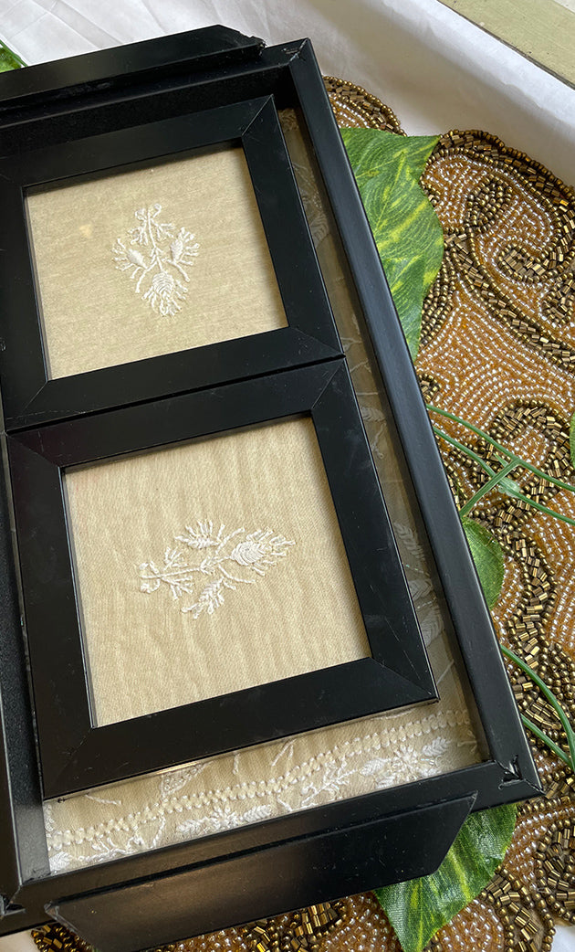 Handcrafted Chikankari Tray with Two Coasters – Wooden Frame - HONC0310957