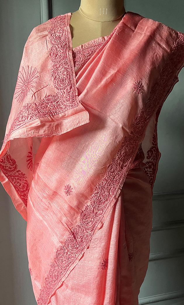 Women's Lakhnavi Handcrafted Tussar Silk Chikankari Saree - HONC0307372