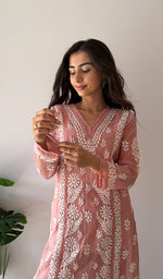 将图像加载到图库查看器中， Women's Lucknowi Handcrafted Mul Chanderi Stitched Chikankari Kurta And Plazzo Set- HONC0378817