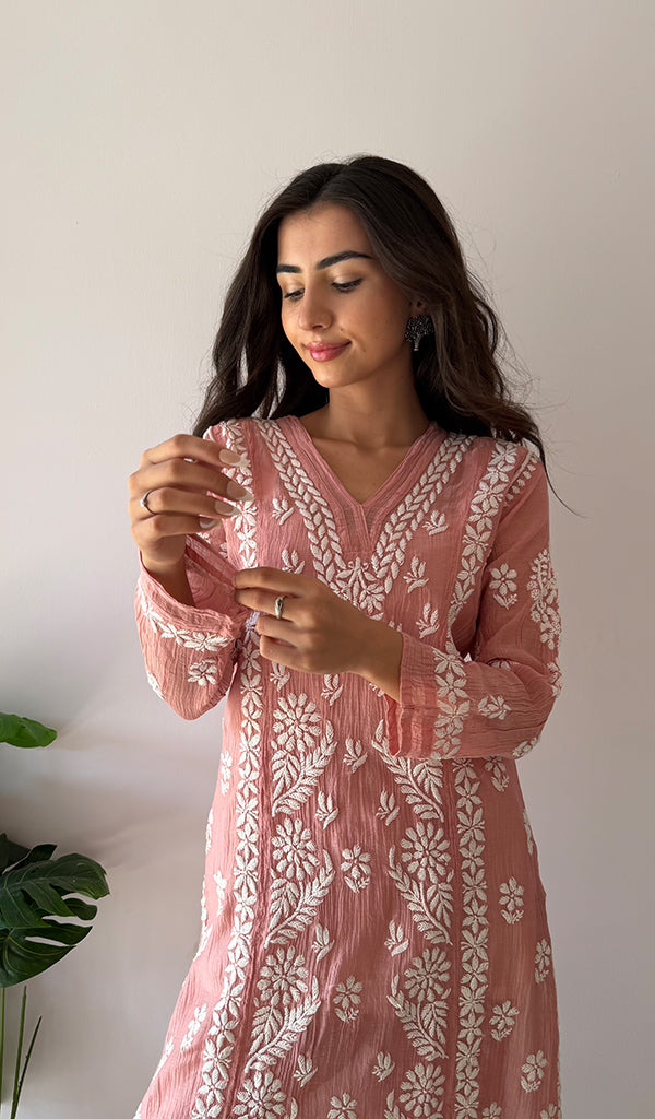 Women's Lucknowi Handcrafted Mul Chanderi Stitched Chikankari Kurta And Plazzo Set- HONC0378817