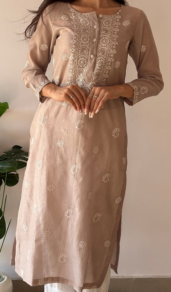 Women's Lakhnavi Handcrafted Maheshwari Mul Chanderi Chikankari Kurti - HONC0357548