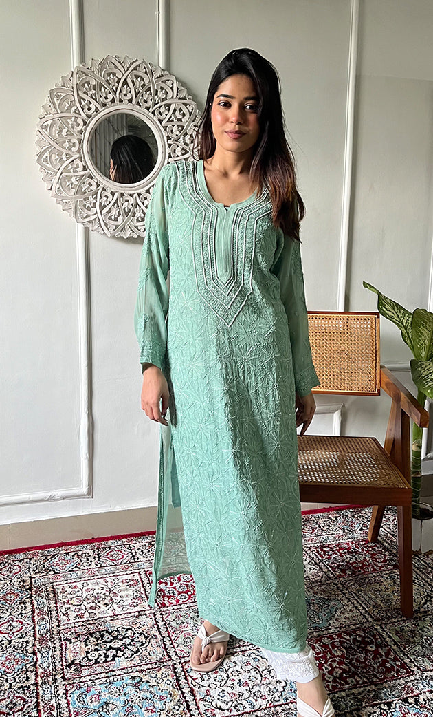 Fareeha  Women's Lakhnavi Handcrafted Viscose Georgette Chikankari Kurti - HONC0318834