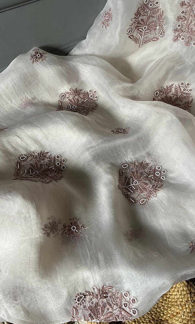 Women's Lakhnavi Handcrafted Pure Organza Chikankari Unstitched Kurta And Dupatta Set- HONC0305184