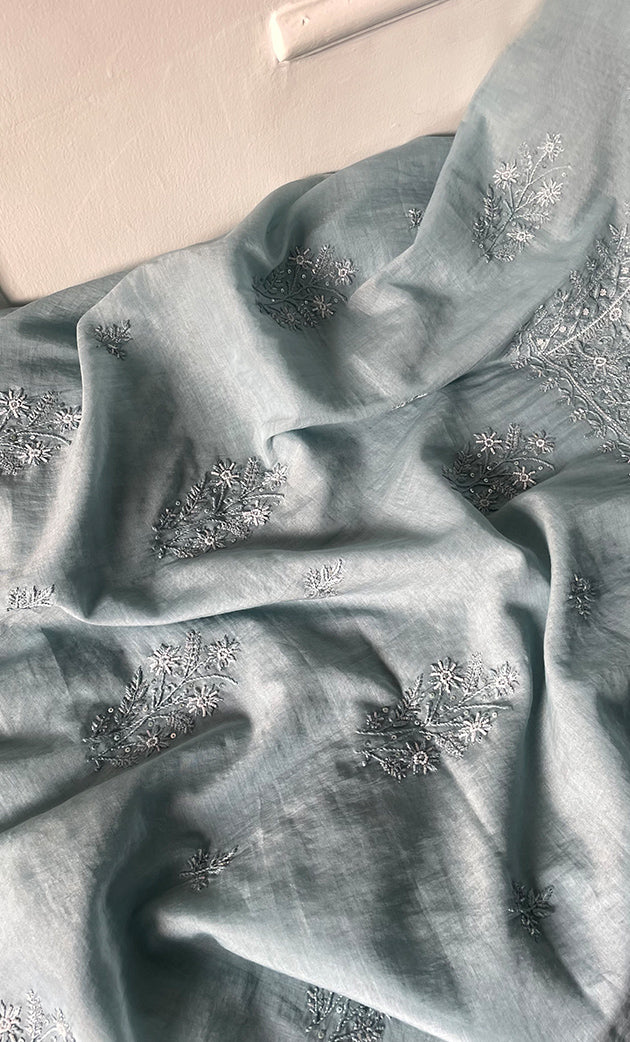 Women's Lakhnavi Handcrafted Mul Chanderi Unstitched Chikankari Full Suit Material - HONC0314656