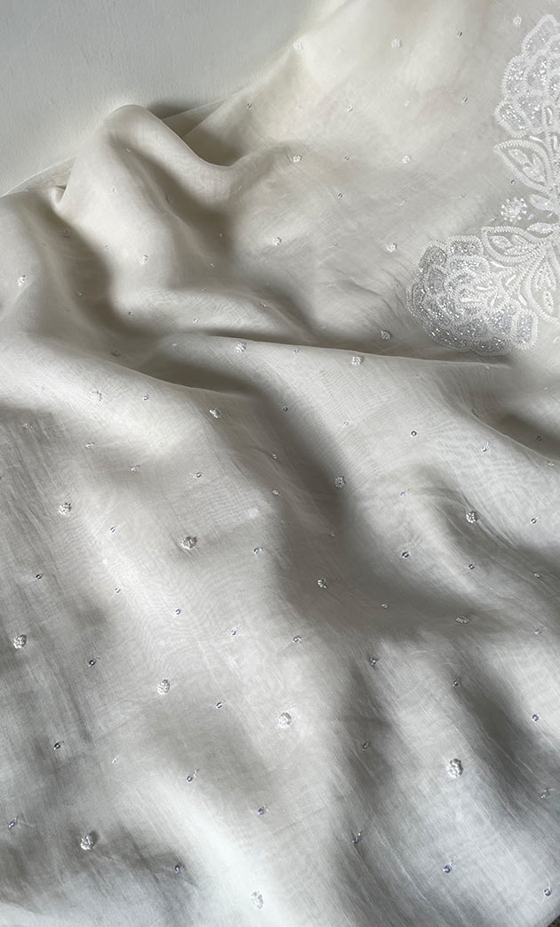 Women's Lakhnavi Handcrafted Unstitched Mul Chanderi Kurta And Dupatta Set - HONC0324844