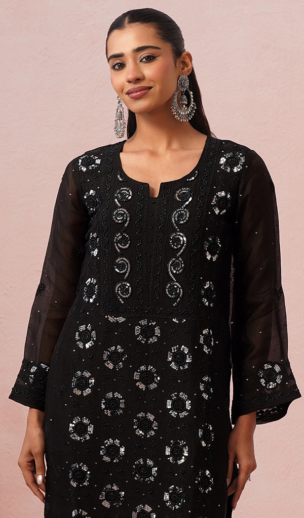 Women's Lucknowi Handcrafted Pure Organza Silk Stitched Chikankari Kurta, Dupatta With Pant Set- HONC0546598