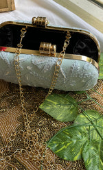 将图像加载到图库查看器中， Sky Blue Handcrafted Chikankari Clutch with Golden Chain - HONC0232412
