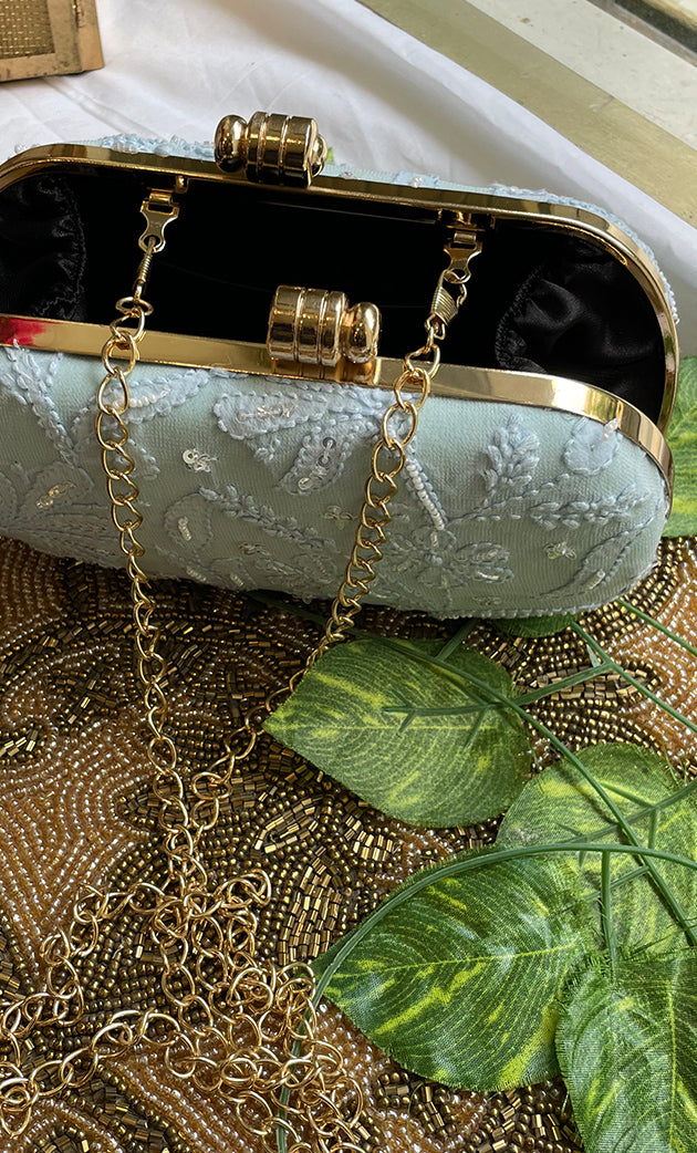 Sky Blue Handcrafted Chikankari Clutch with Golden Chain - HONC0232412