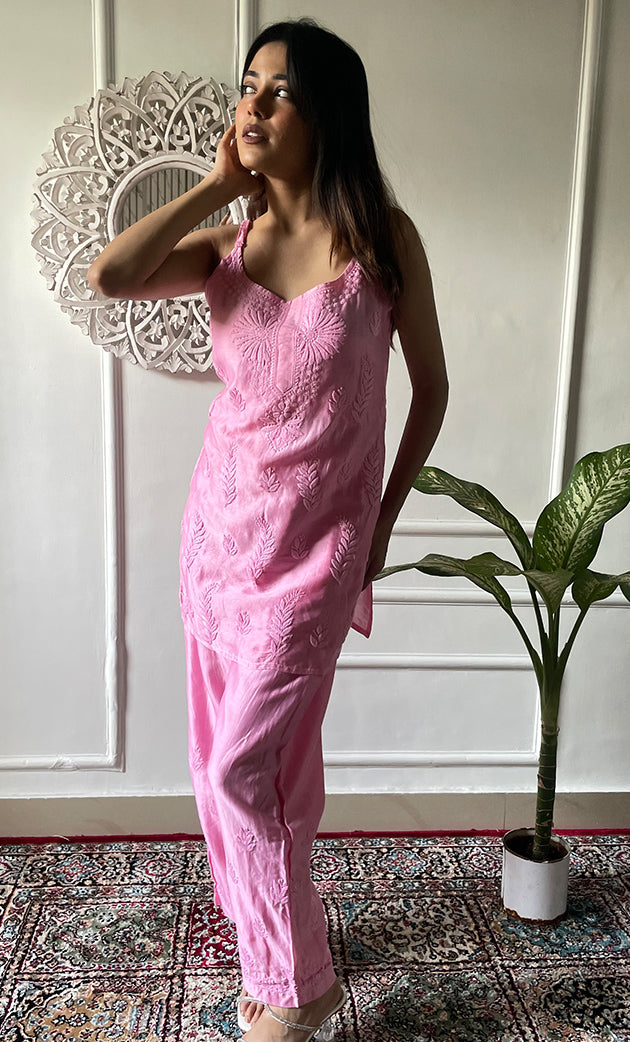 Amreena Women's Lakhnavi Handcrafted Chanderi Silk Chikankari Top And Pant Set - HONC0322958