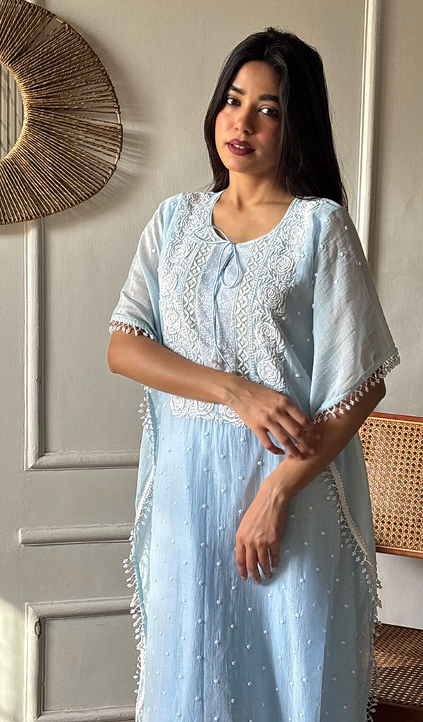 Women's Lucknowi Handcrafted Mul chanderi Chikankari Kaftan - HONC07860458