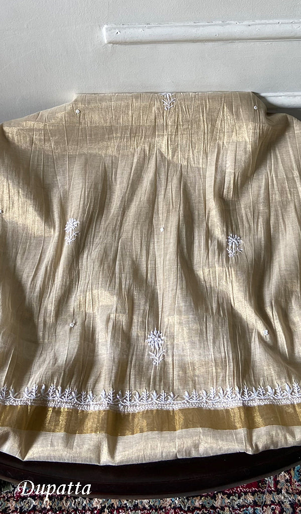 Women's Lakhnavi Handcrafted Tissue Chanderi Unstitched Chikankari Kurta And Dupatta Set - HONC0347896