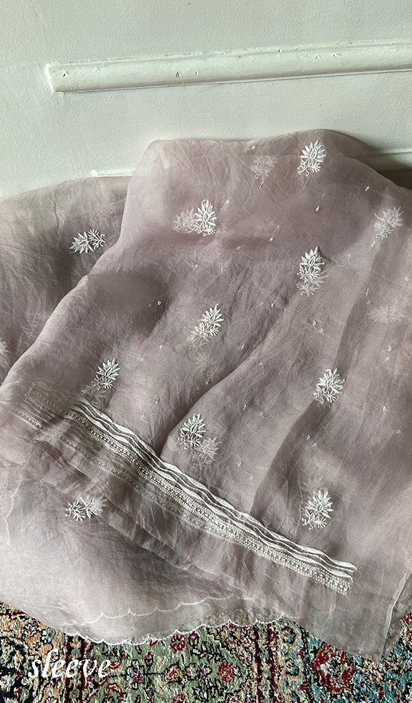 Women's Lakhnavi Handcrafted Pure Organza Chikankari Unstitched Kurta And Dupatta Set- HONC0361466
