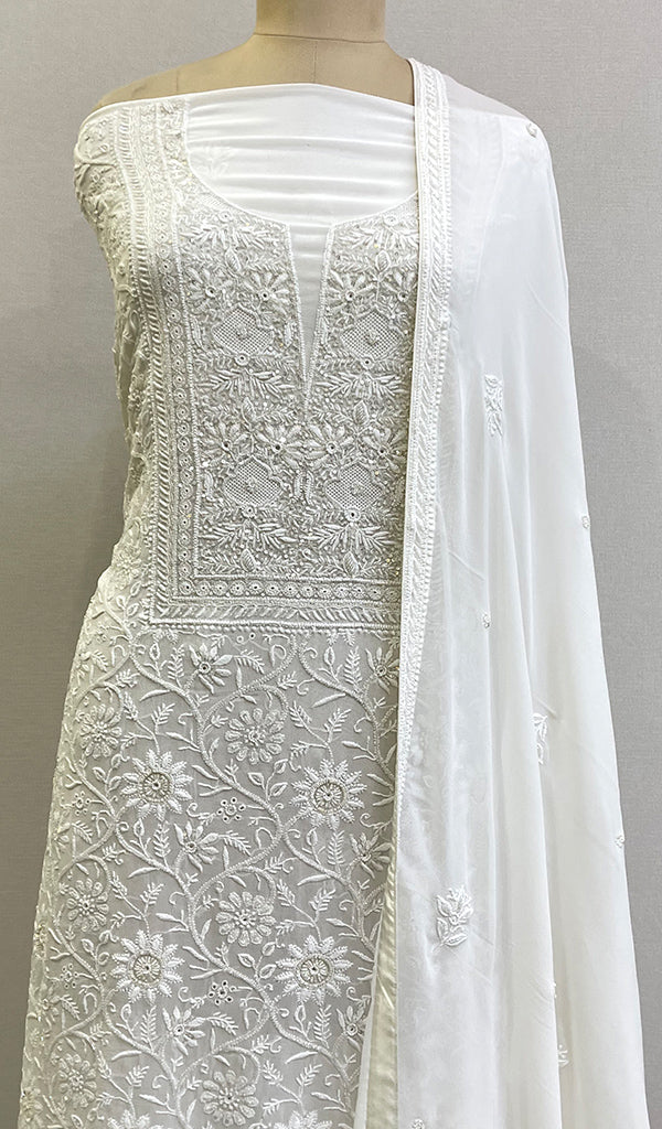 Women's Lakhnavi Handcrafted Pure Silk Georgette Chikankari Full Suit Fabric - HONC0177883