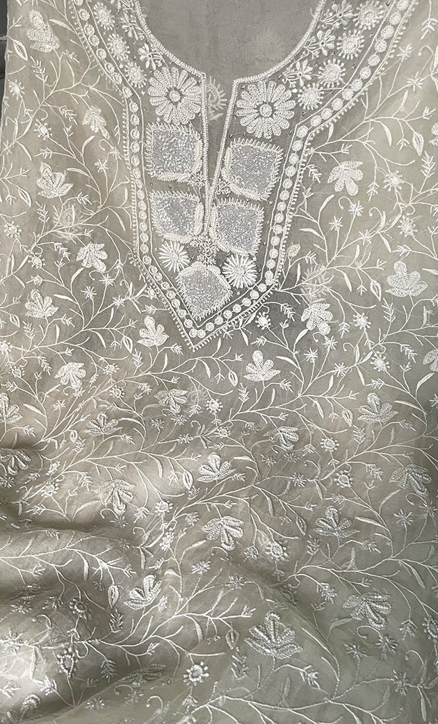 Women's Lakhnavi Handcrafted Pure Organza Chikankari Unstitched Kurta And Dupatta Set- HONC0308268